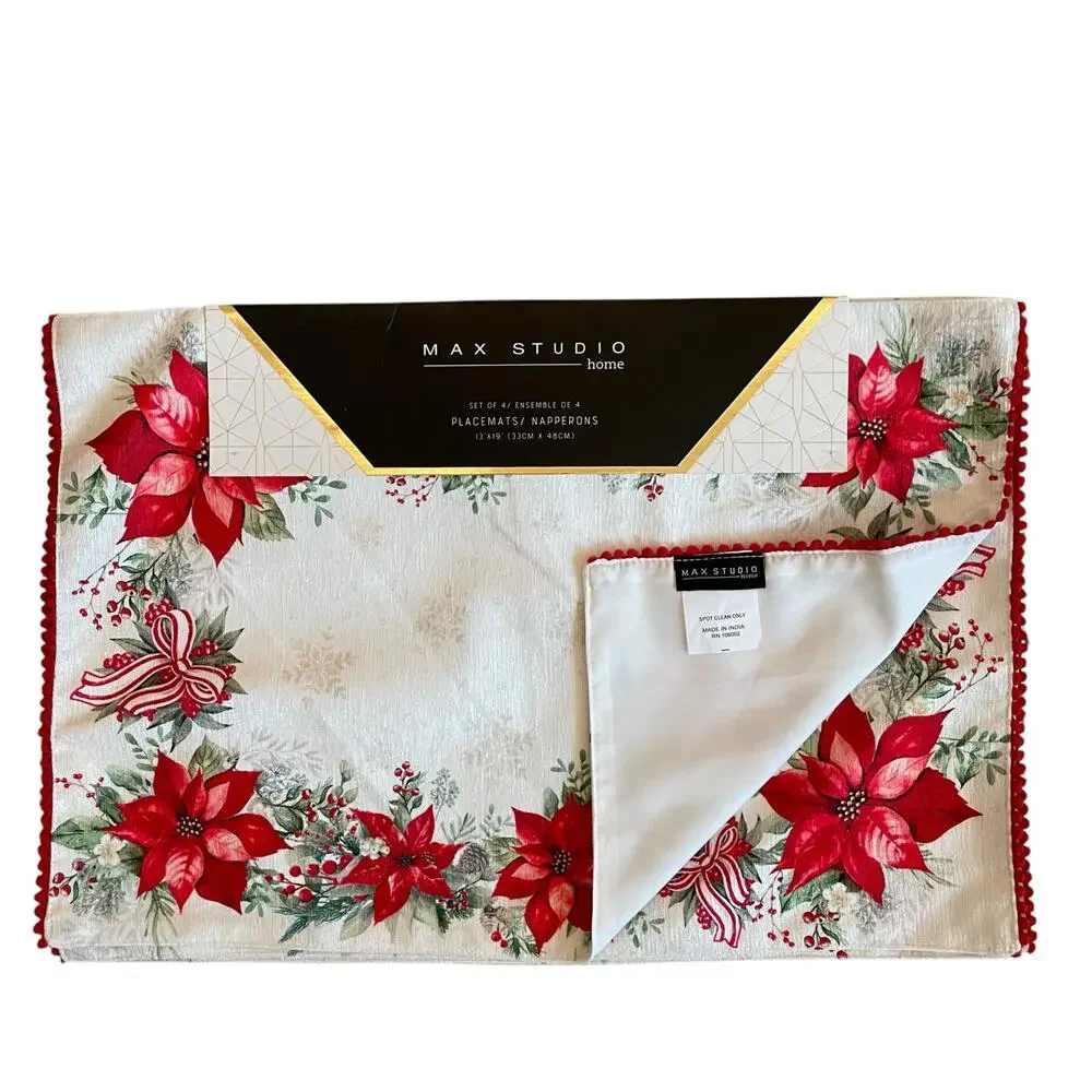 Max Studio Christmas Poinsettia & Bows Placemats 13x19 Set of 4 Holiday Red NEW